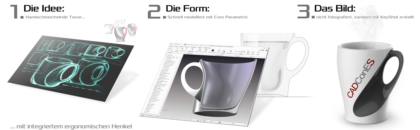 Idea sketches, coffee cup, personalized advertising product for companies, first virtual renderings