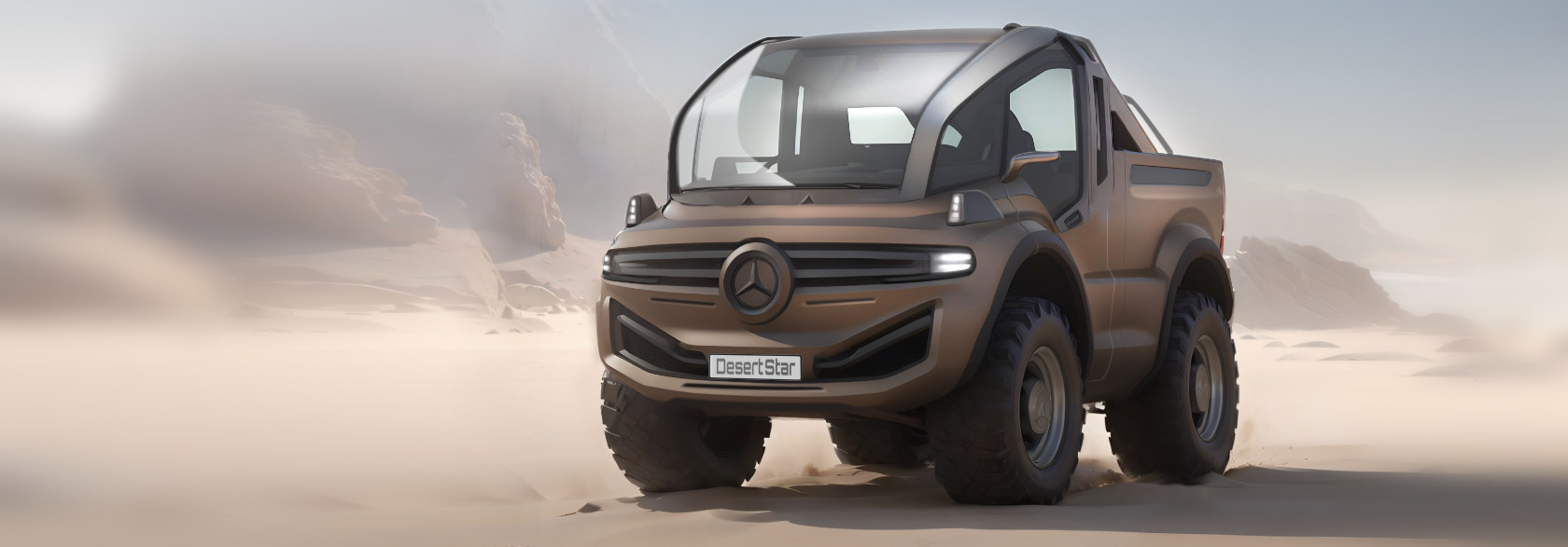Unimog DesertStar Konzeptstudie in Sandbeige, Wüsten-Setting, CGI-Rendering Thomas Clever